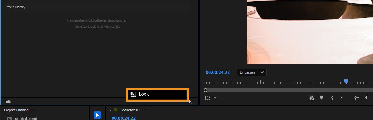 Der Lumetri-Effekt wird auf den Clip angewendet und der Clip ist in der Timeline ausgewählt. Im Bedienfeld „Bibliotheken“ ist die Option „Sperren“ ausgewählt.