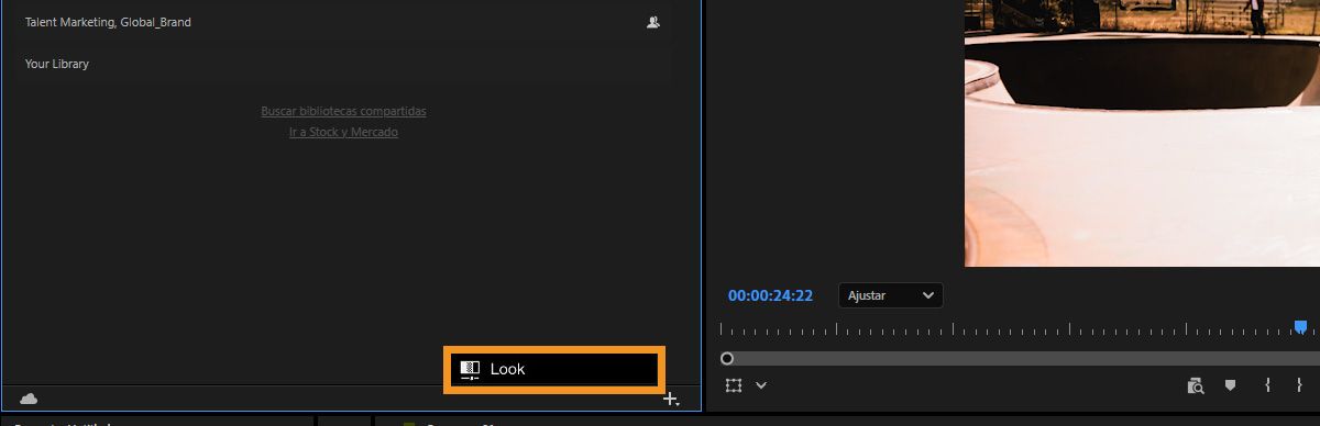 El efecto Lumetri se aplica al clip y el clip se selecciona en la cronología.En el panel Bibliotecas, la opción Bloquear está seleccionada.