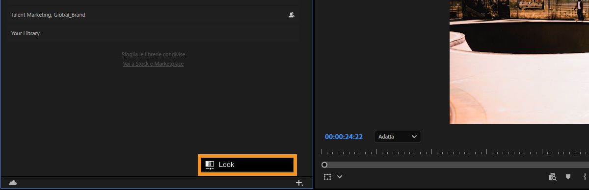 L'effetto Lumetri è applicato alla clip e la clip è selezionata nella timeline.Nel pannello Libraries, l'opzione Blocca è selezionata.