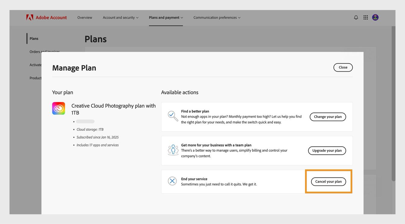 The Manage Plan window, with the Cancel your plan button highlighted in the End your service section under Available actions.