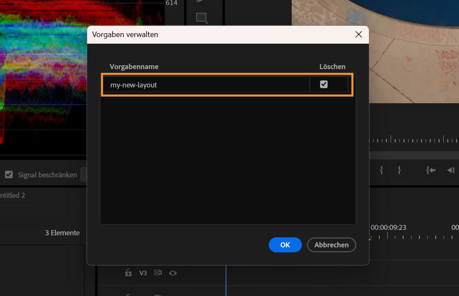 Im Dialogfeld „Vorgaben verwalten“ wird ein zum Löschen ausgewählter Vorgabenname hervorgehoben.
