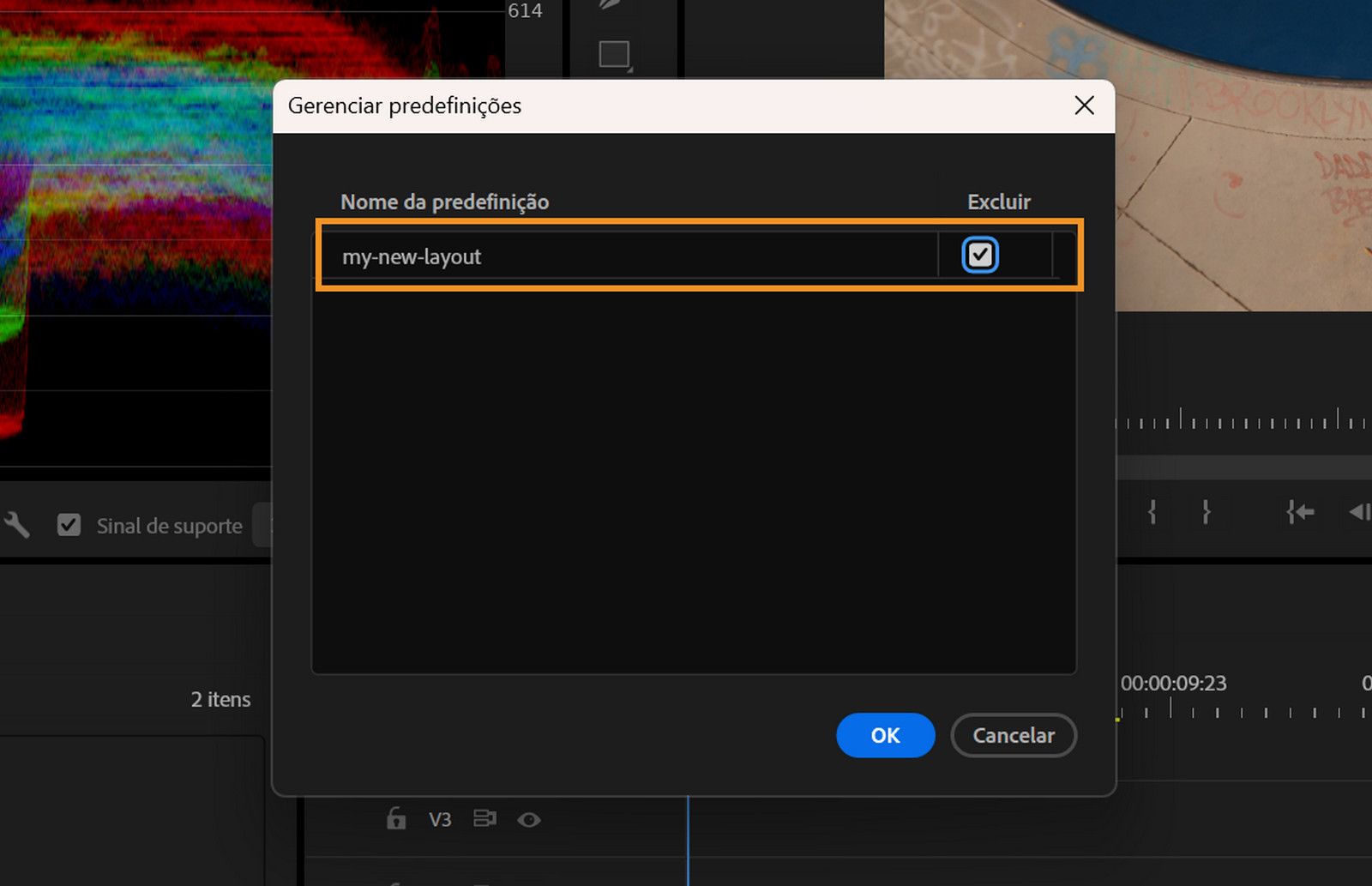 A caixa de diálogo “Gerenciar predefinições” exibe um nome de predefinição realçado que está selecionado para exclusão.