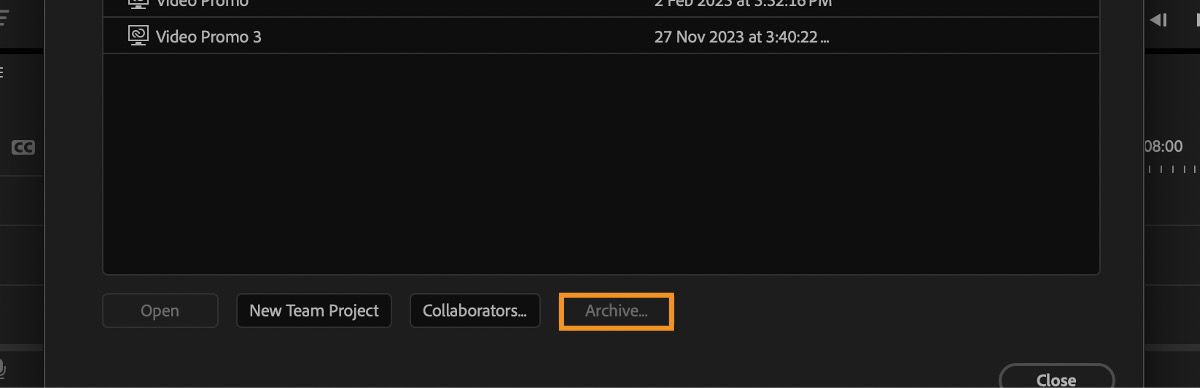 La finestra di dialogo Gestisci team project è aperta e un team project è selezionato con l'opzione per archiviarlo.