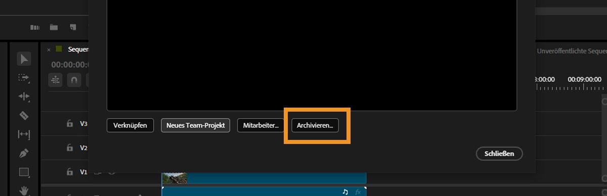 Das Dialogfeld „Team-Projekte verwalten“ ist geöffnet und ein Team-Projekt ist mit der Option zum Archivieren ausgewählt.
