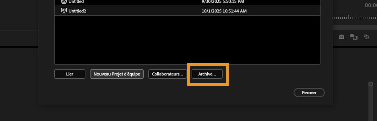 La boîte de dialogue Gérer le projet d’équipe s’ouvre et un projet d’équipe est sélectionné avec l’option de l’archiver.