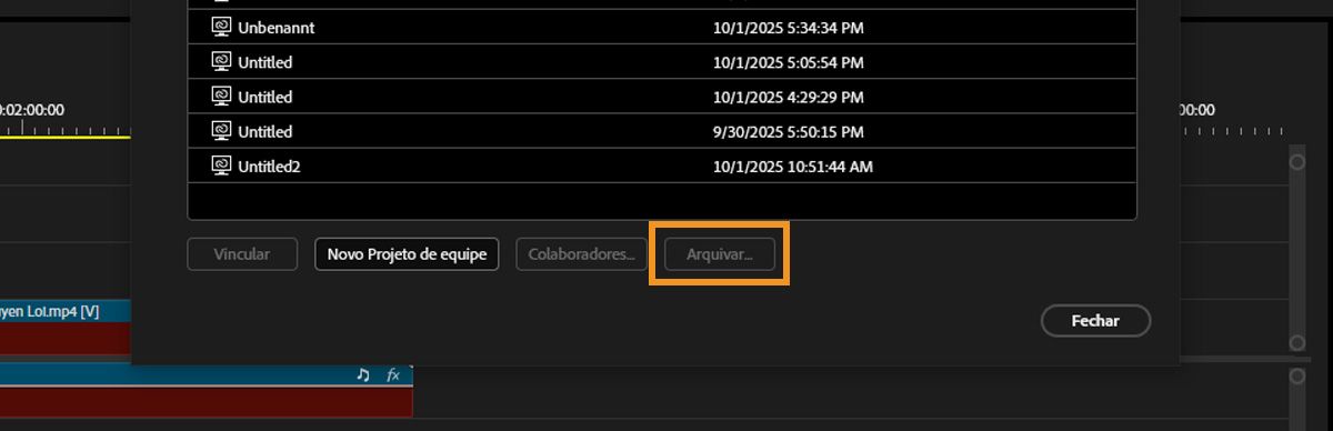 A caixa de diálogo Gerenciar projeto de equipe é aberta e um Projeto de equipe é selecionado com a opção de arquivá-lo.