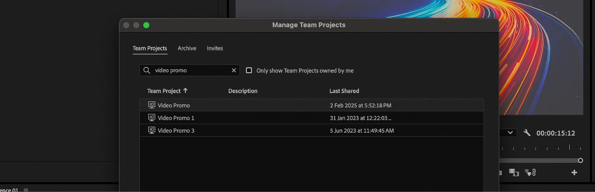 El cuadro de diálogo Administrar Team Projects está abierto.En la sección Team Projects, el campo de búsqueda contiene la palabra clave 'video promo' para buscar Team Projects con ese nombre.