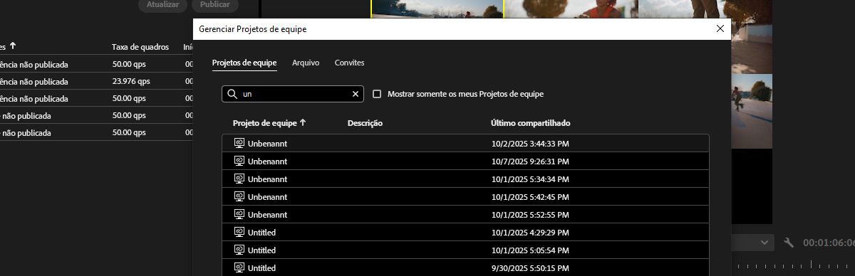 A caixa de diálogo “Gerenciar projetos de equipe” está aberta. Na seção “Projetos de equipe”, o campo de pesquisa contém a palavra-chave “video promo” para buscar projetos de equipe com esse nome.