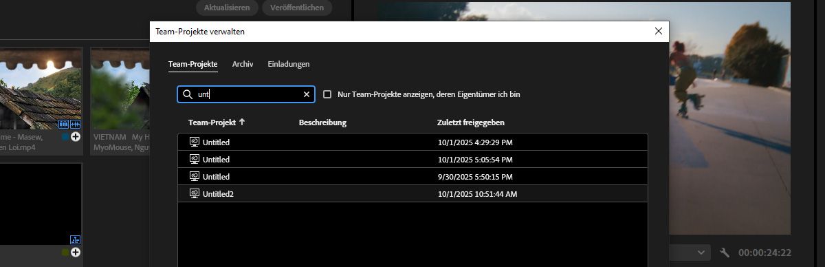 Das Dialogfeld „Team-Projekt verwalten“ ist geöffnet.Im Abschnitt „Team-Projekte“ enthält das Suchfeld das Keyword „video promo“, um nach Team-Projekten mit diesem Namen zu suchen.