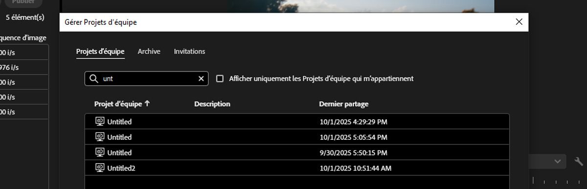La boîte de dialogue Gérer Projet d’équipe est ouverte.Dans la section Projets d’équipe, le champ de recherche contient le mot-clé « video promo » dans le but de rechercher les projets d’équipe portant ce nom.