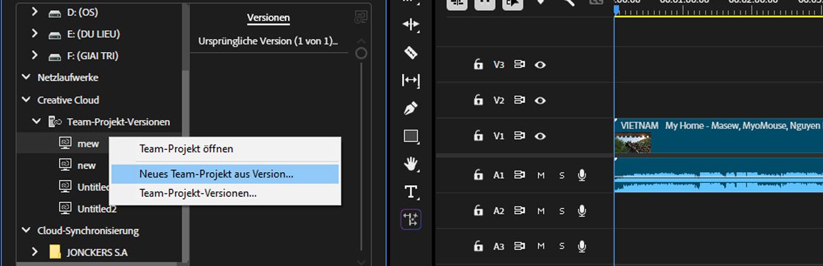 Der Media-Browser ist geöffnet und die Navigation ist mit dem vertikalen Schieberegler auf die aktuelle Version des Projekts eingestellt, damit du alle Versionen durchsuchen kannst.