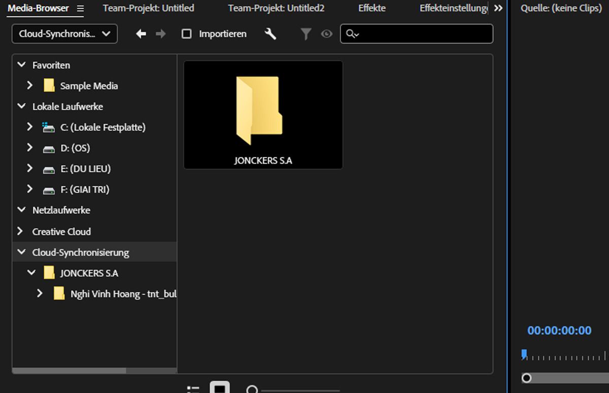 Das Bedienfeld „Media-Browser“ zum Durchsuchen ist geöffnet und zeigt Optionen zum Importieren von Mediendateien an.