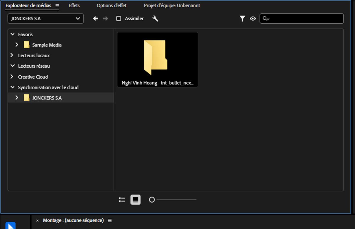 Le panneau Navigateur de médias est ouvert à la navigation et affiche différentes options pour importer des fichiers médias.