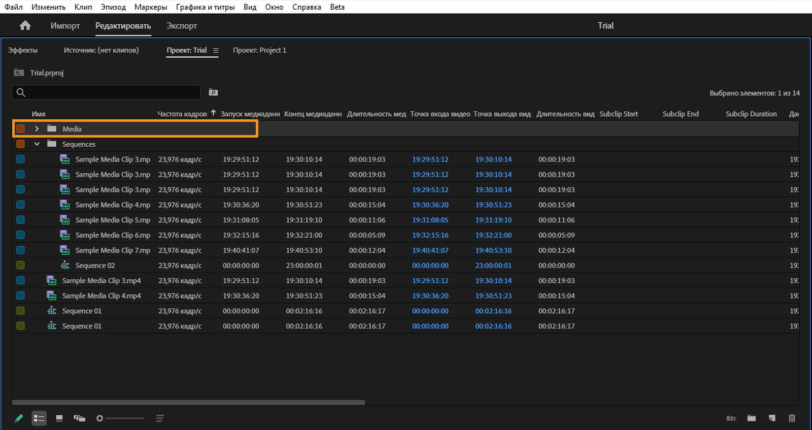 Папка «Медиаданные» выделена на панели «Проект». Папку «Медиаданные» можно использовать для хранения офлайн-видео.