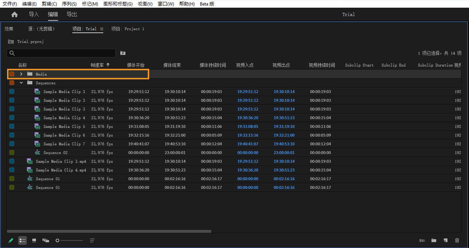 在项目面板中突出显示媒体文件夹。媒体文件夹可用于存储离线视频。