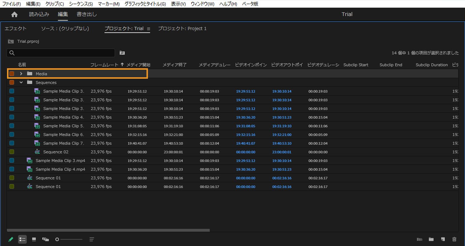 プロジェクトパネルでメディアフォルダーがハイライト表示されています。メディアフォルダーは、オフラインビデオを保存するために使用できます。