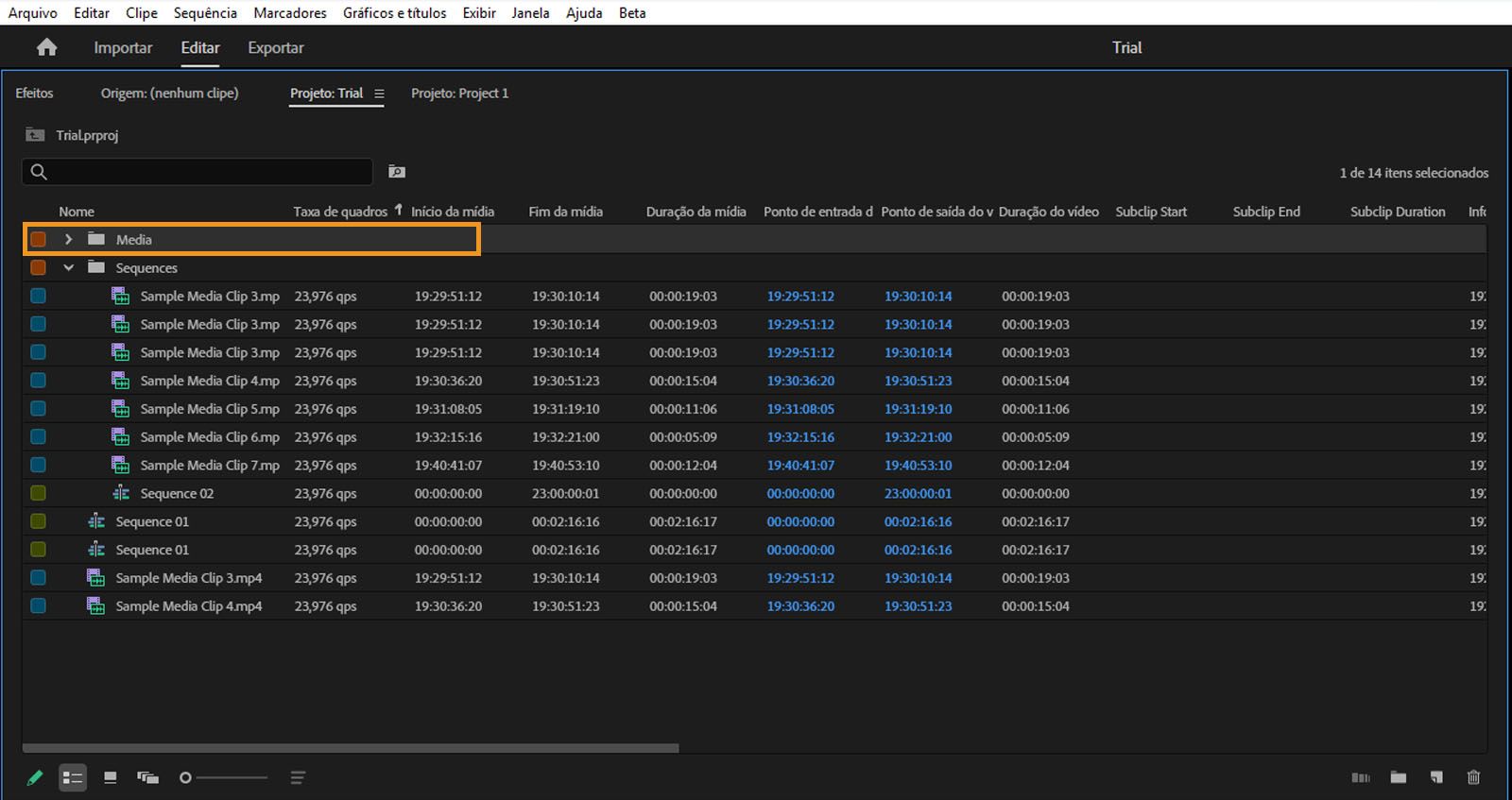 A pasta “Mídia” está realçada no painel “Projeto”. A pasta “Mídia” pode ser usada para armazenar vídeos offline.