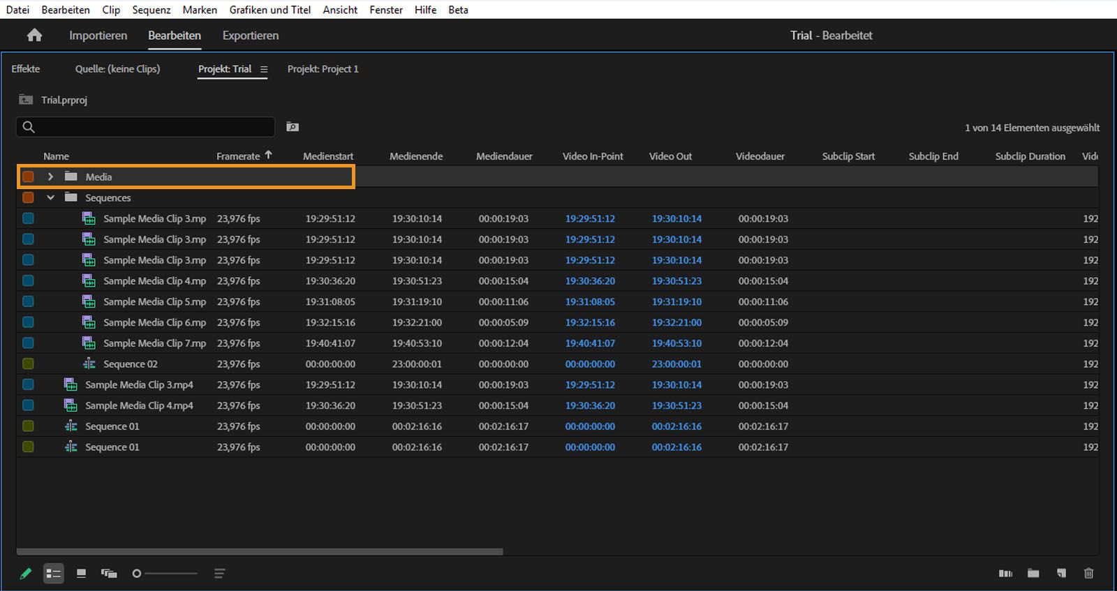 Der Medien-Ordner ist im Projekt-Bedienfeld hervorgehoben.Der Medien-Ordner kann zum Speichern von offline Videos verwendet werden.