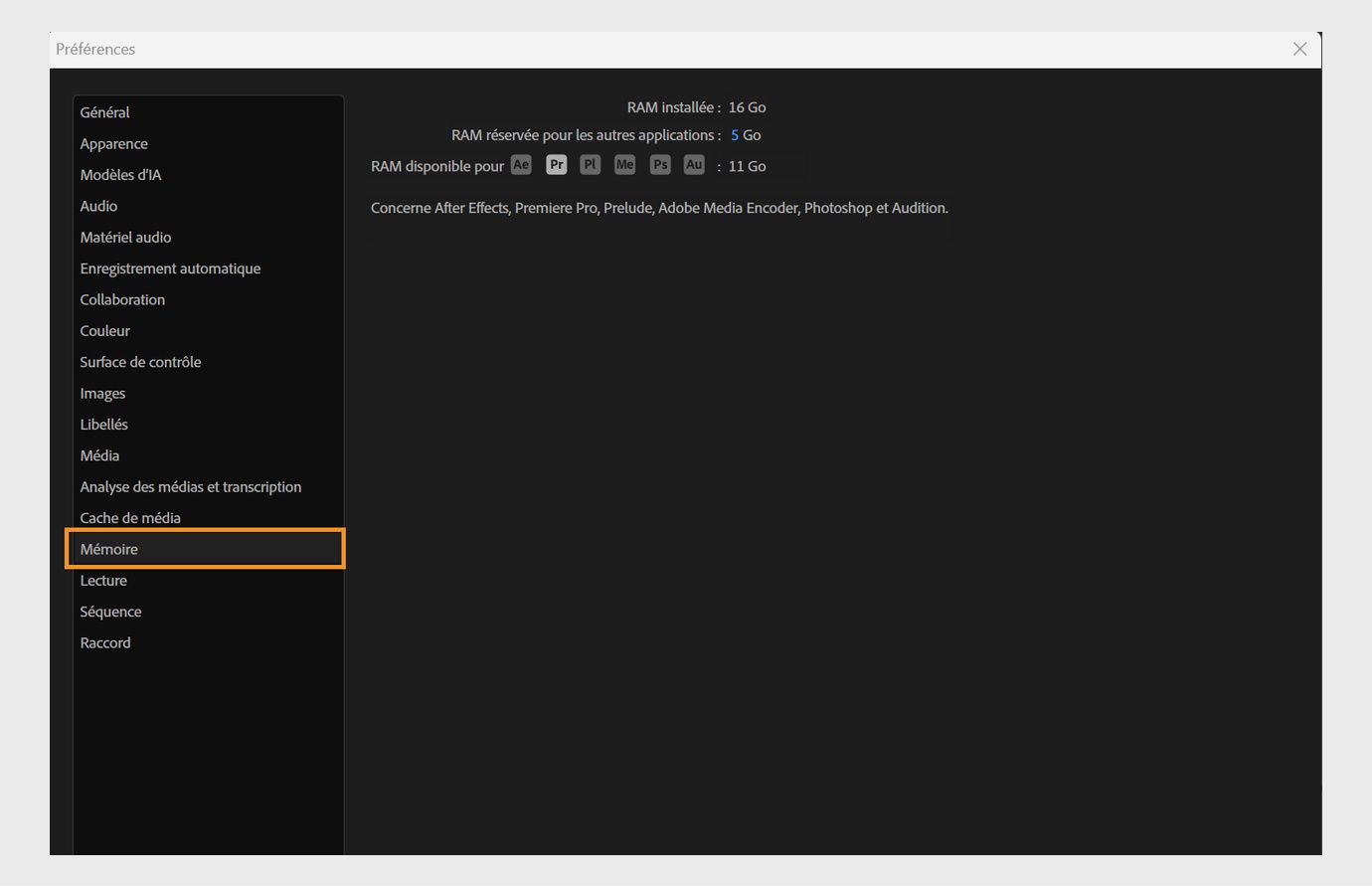 La boîte de dialogue Préférences est ouverte sur le panneau Mémoire, affichant la mémoire vive totale installée, la quantité réservée pour d’autres applications et la mémoire vive restante disponible pour d’autres applications Adobe comme Premiere Pro.