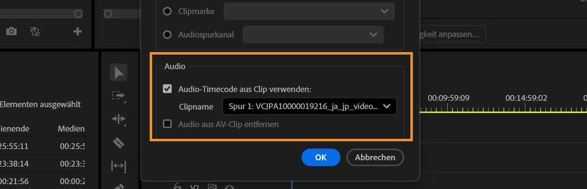 Das Dialogfeld „Clips zusammenführen“ mit ausgewählter Spur 1 als primärem Audio-Clip aus dem Dropdown-Menü „Audio-Timecode aus Clip verwenden“, um einen zusammengeführten Clip zu erstellen.