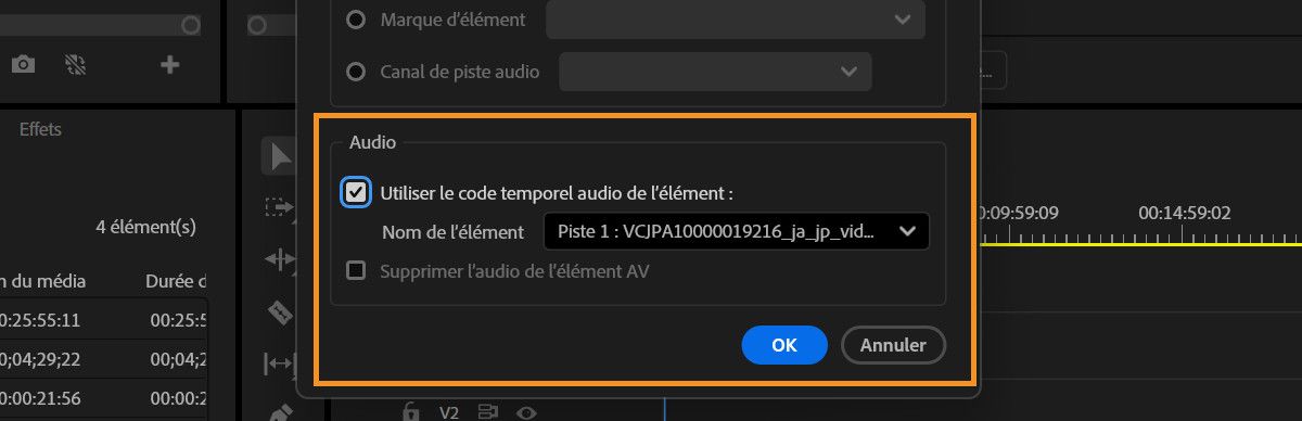 La boîte de dialogue Fusionner les clips, ayant la piste 1 sélectionnée comme clip audio principal dans le menu déroulant Utiliser le code temporel audio du clip pour créer un clip fusionné.