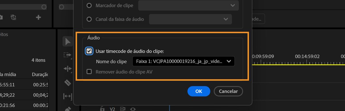 A caixa de diálogo “Mesclar clipes”, onde a faixa 1 está selecionada como o clipe de áudio primário no menu suspenso “Usar timecode de áudio do clipe” para criar um clipe mesclado.
