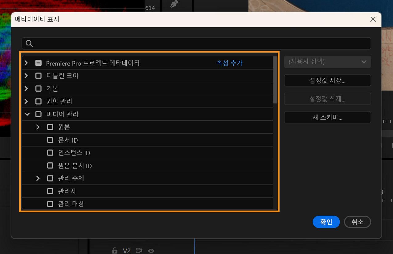 메타데이터 표시에는 프로젝트 패널의 목록 보기 열을 사용자 지정하기 위한 다양한 스키마와 메타데이터 열이 표시됩니다.