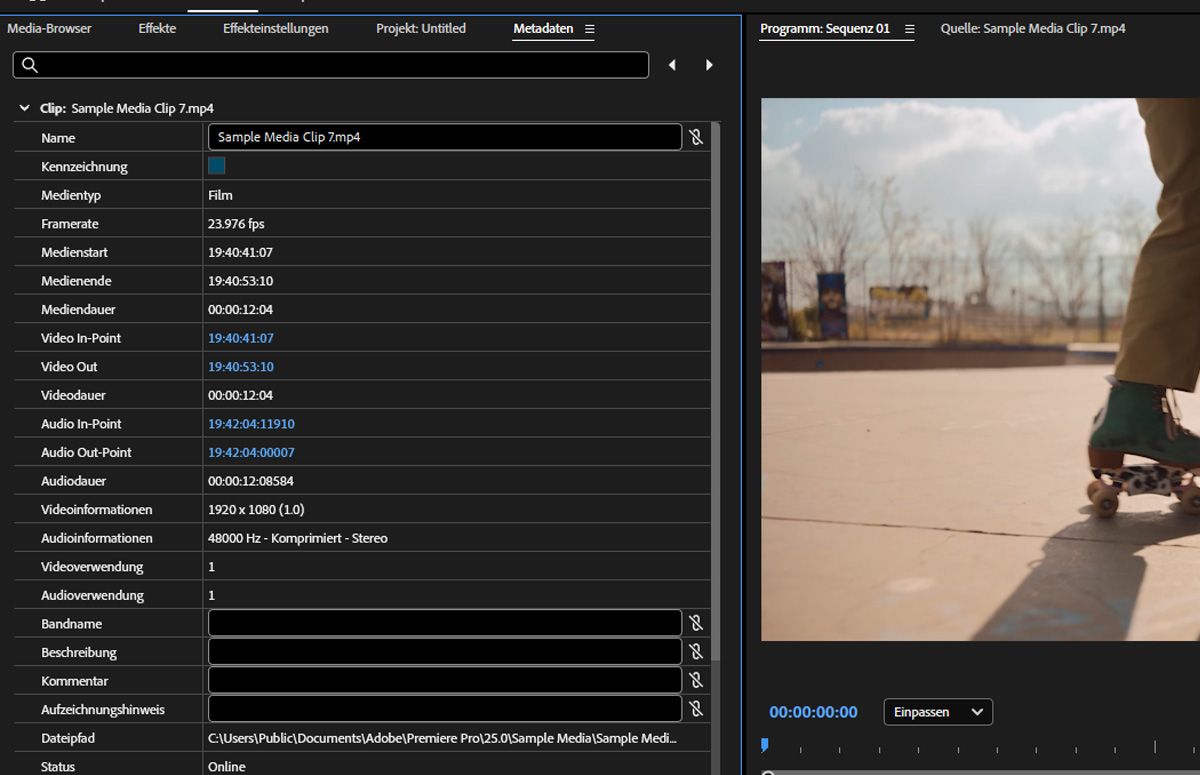 Das Bedienfeld „Metadaten“ zeigt die Metadatendetails der zusammengeführten Clips. Es enthält Clip-Details wie Name, Medientyp, Dateieigenschaften und Urheberrechte.