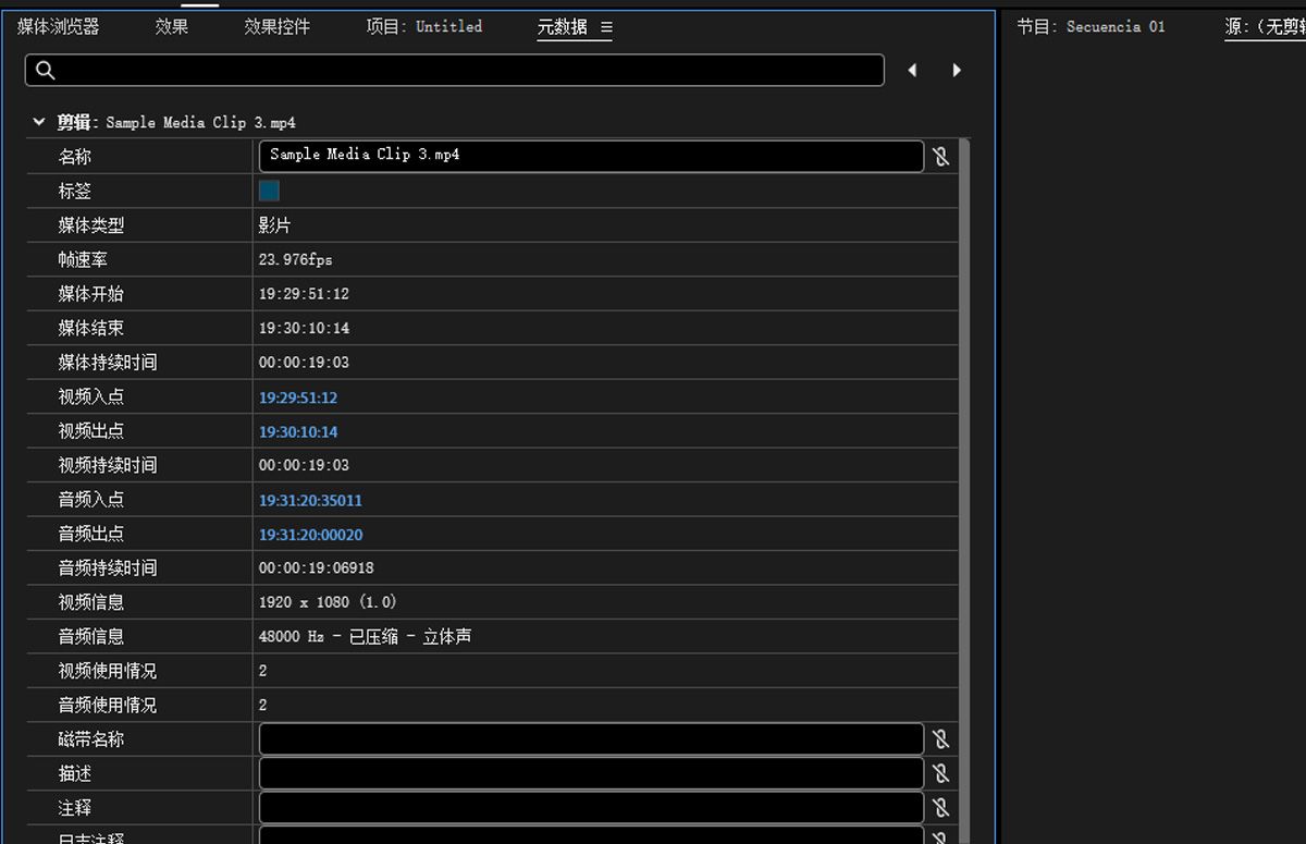 元数据面板显示合并片段的元数据详情。它包括片段详细信息，如名称、媒体类型、文件属性和版权。
