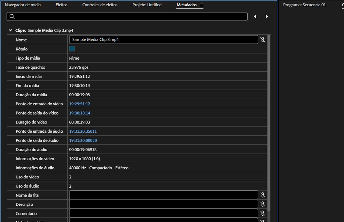 O painel “Metadados” mostra os detalhes dos metadados dos clipes mesclados. Inclui detalhes do clipe como nome, tipo de mídia, propriedades do arquivo e direitos autorais.