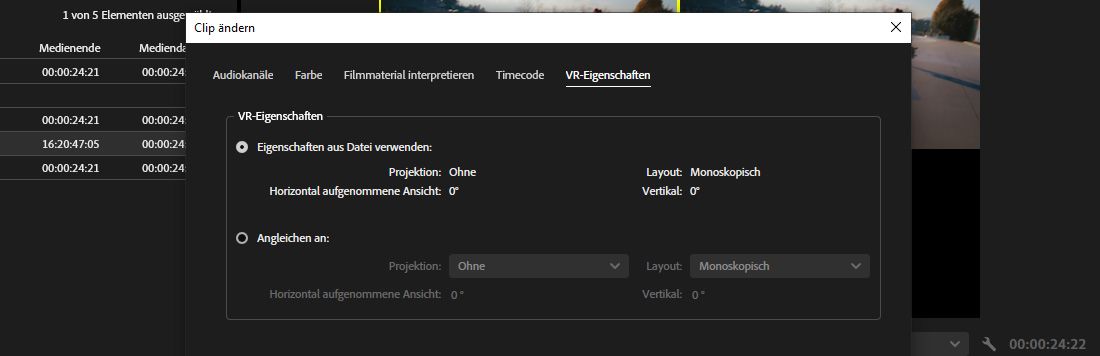 Im Dialogfeld „Clip ändern“ ist die Registerkarte „VR-Eigenschaften“ ausgewählt sowie entweder die Option „Eigenschaften aus Datei verwenden“ oder „Angleichen an“.