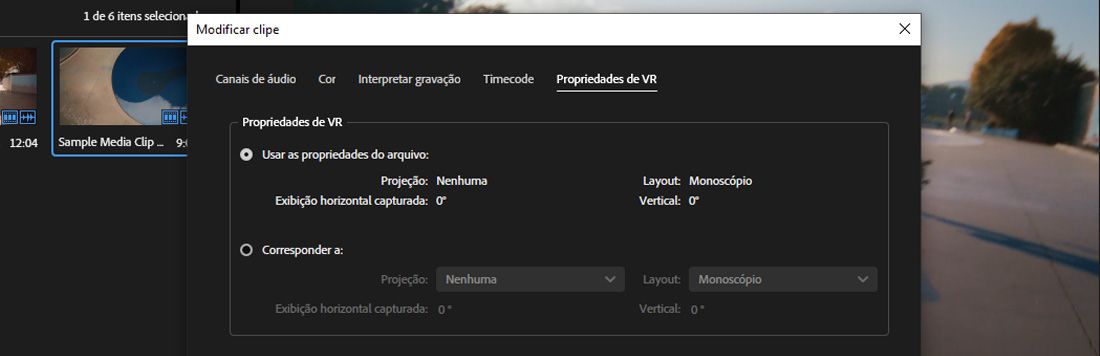 A caixa de diálogo “Modificar clipe” está com a guia “Propriedades de RV” selecionada e a opção de selecionar “Usar propriedades do arquivo” ou “Corresponder a”.