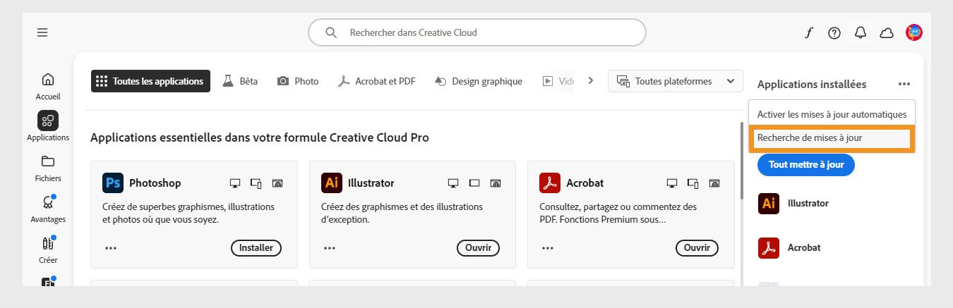 L’icône Autres actions sous Applications installées dans l’onglet Applications, affiche des options permettant d’activer ou de gérer les mises à jour automatiques et de rechercher des mises à jour.