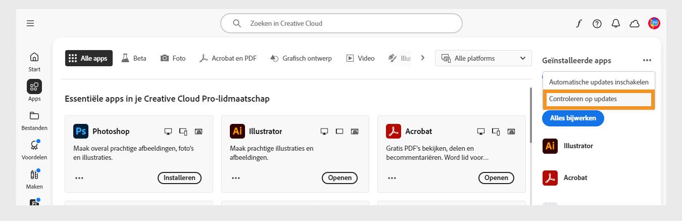 Het pictogram Meer acties onder Geïnstalleerde apps op het tabblad Apps met opties om automatische updates in te schakelen of te beheren en te controleren op updates.