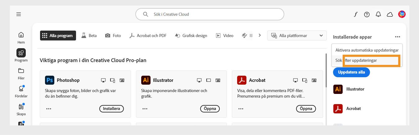 Ikonen Fler åtgärder under Installerade program på fliken Program visar alternativ för att aktivera eller hantera automatiska uppdateringar och söka efter uppdateringar.