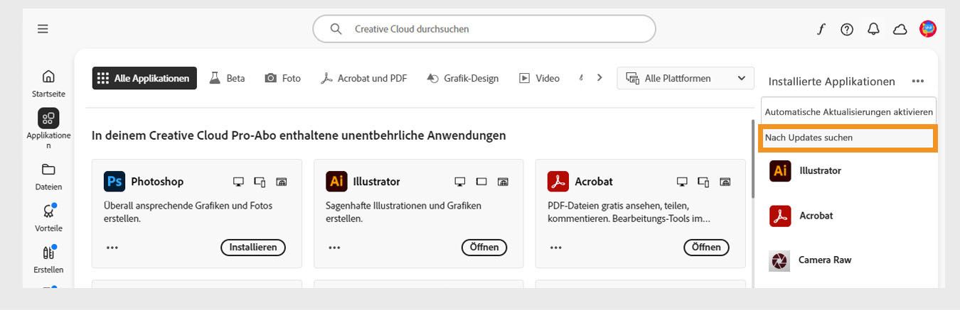 Auf der Registerkarte „Applikationen“ unter „Installierte Applikationen“ sind über das Symbol „Weitere Aktionen“ die Optionen zum Aktivieren oder Verwalten automatischer Updates und zum Suchen nach Updates verfügbar.