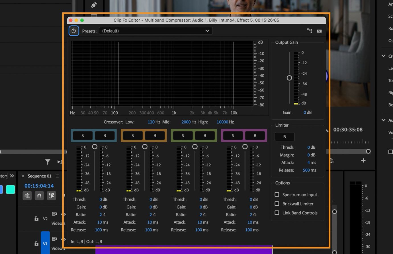 Il pannello Compressore multibanda in Premiere Pro che mostra le frequenze di crossover, i cursori di guadagno, i rapporti di compressione e le impostazioni del limiter per quattro bande di frequenza.