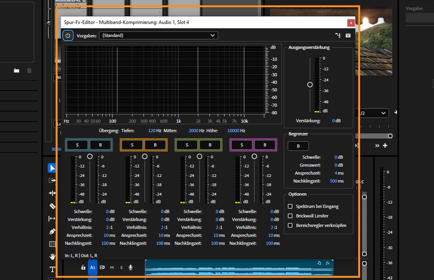 Das Multiband Compressor-Bedienfeld in Premiere Pro zeigt Übergangsfrequenzen, Verstärkungsregler, Kompressionsverhältnisse und Limiter-Einstellungen für vier Frequenzbänder.