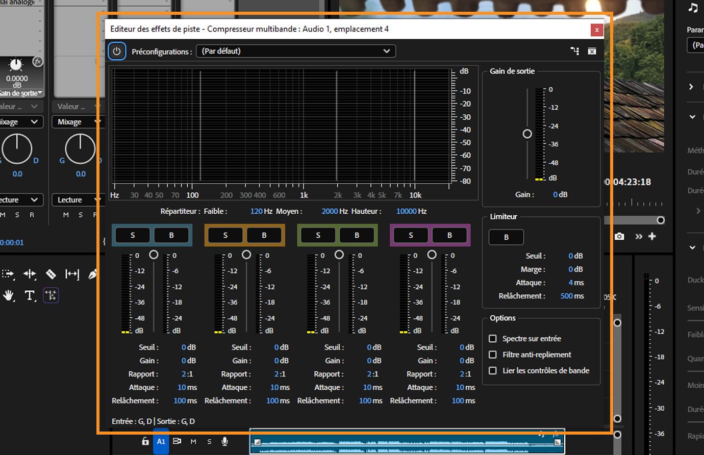Le panneau Compresseur multibande dans Premiere Pro montrant les fréquences de transition, les curseurs de gain, les ratios de compression et les paramètres de limiteur pour quatre bandes de fréquences.