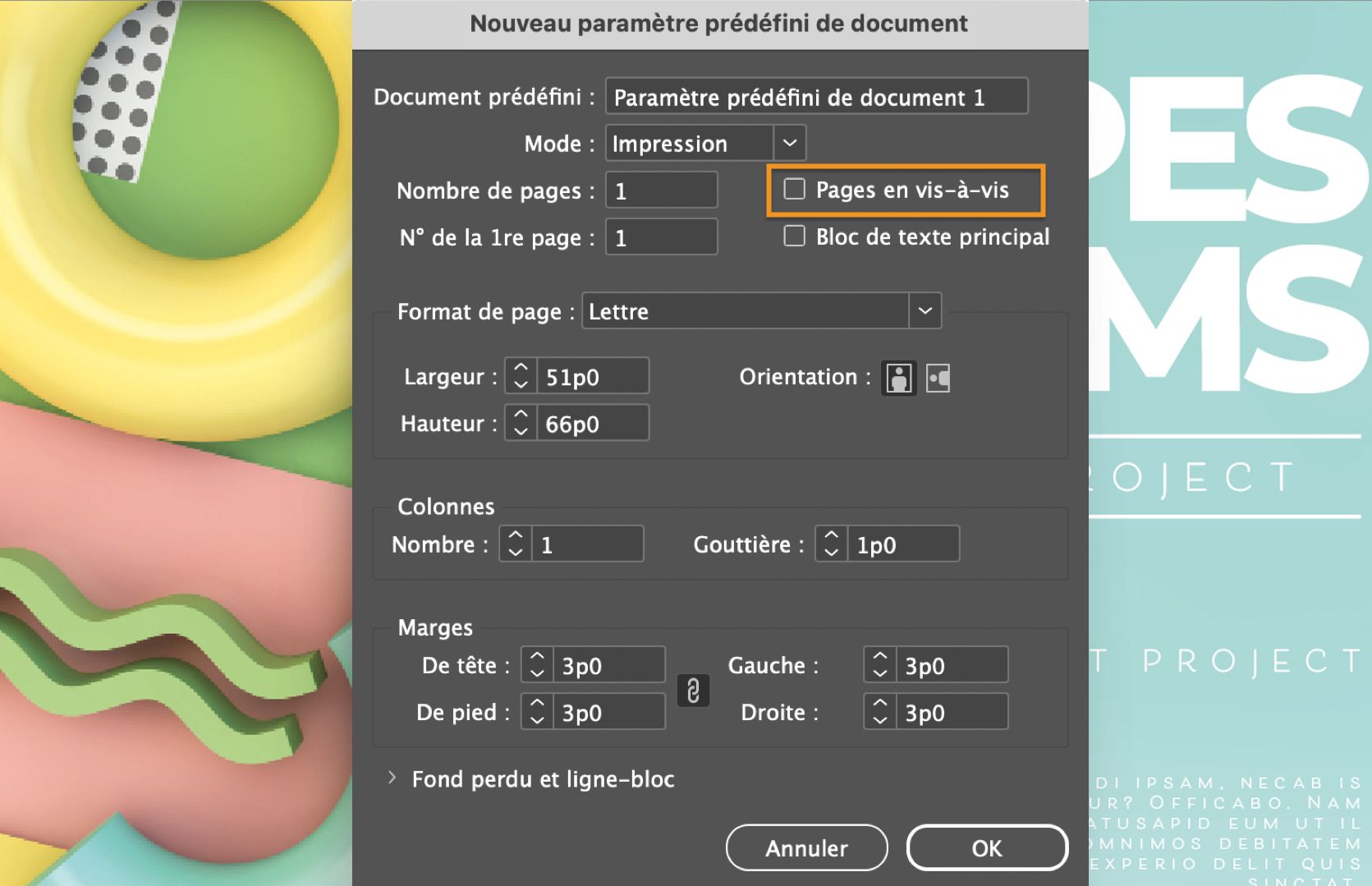 La boîte de dialogue Nouveau paramètre prédéfini de document avec la case Pages en vis-à-vis décochée et mise en surbrillance.