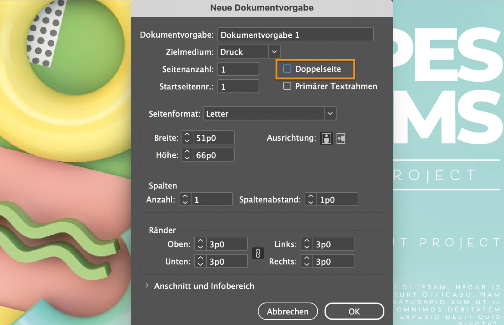 Das Dialogfeld „Neue Dokumentvorgabe" mit deaktiviertem und hervorgehobenem Kontrollkästchen „Doppelseite“.