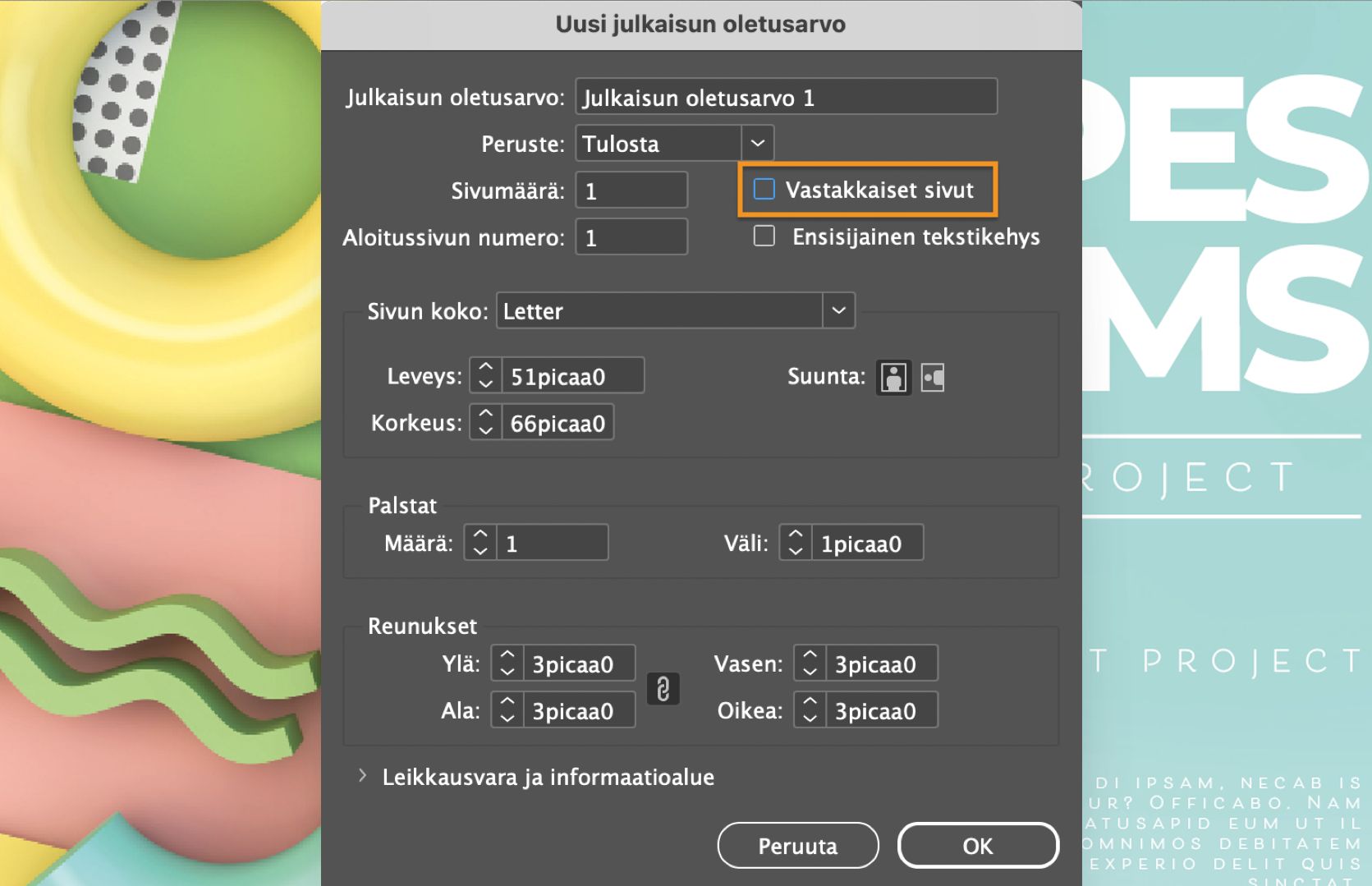 Uuden julkaisun oletusarvon valintaikkuna, jossa korostetun Vastakkaiset sivut -valintaruudun valinta on poistettu.