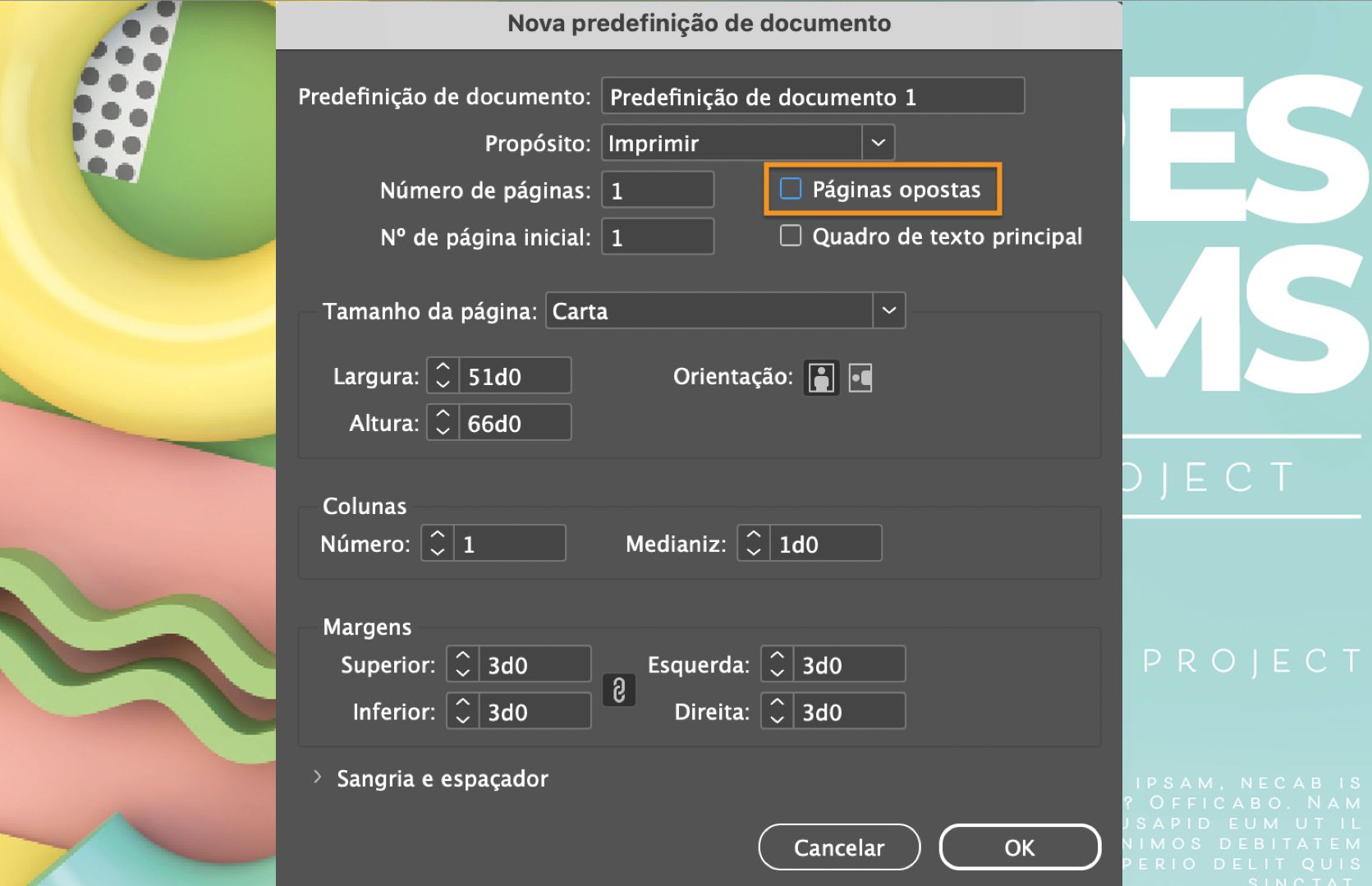 A caixa de diálogo Nova predefinição de documento com a caixa de seleção Páginas opostas desmarcada e destacada.