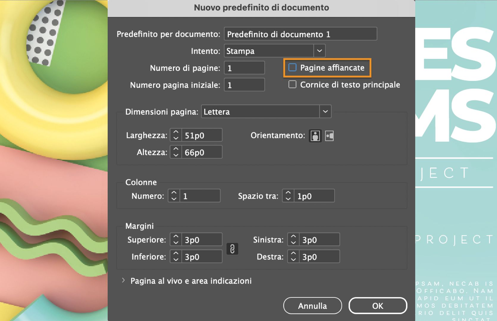 La finestra di dialogo Nuovo modello documento con la casella di controllo Pagine affiancate deselezionata ed evidenziata.