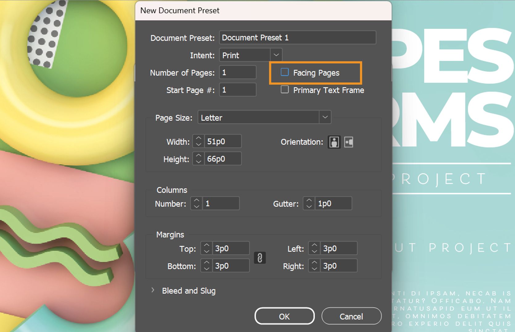 תיבת הדו-שיח "New Document Preset" עם תיבת הסימון "Facing Pages" לא מסומנת ומודגשת.