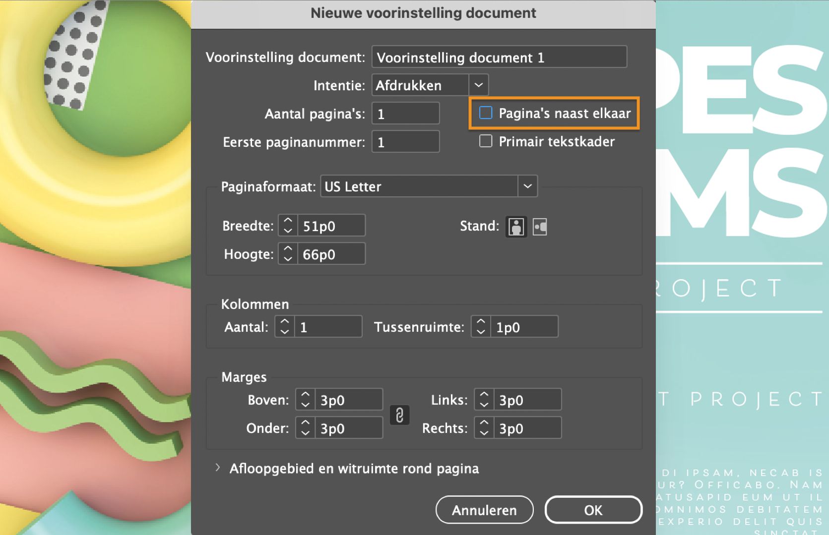 Het dialoogvenster Nieuwe documentvoorinstelling met het selectievakje Pagina's naast elkaar uitgeschakeld en gemarkeerd.