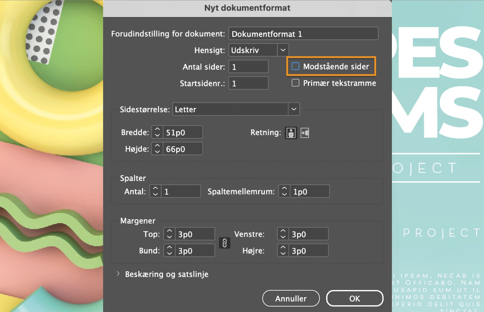 Dialogboksen Ny dokumentforudindstilling med afkrydsningsfeltet Sidestillede sider fravalgt og fremhævet.