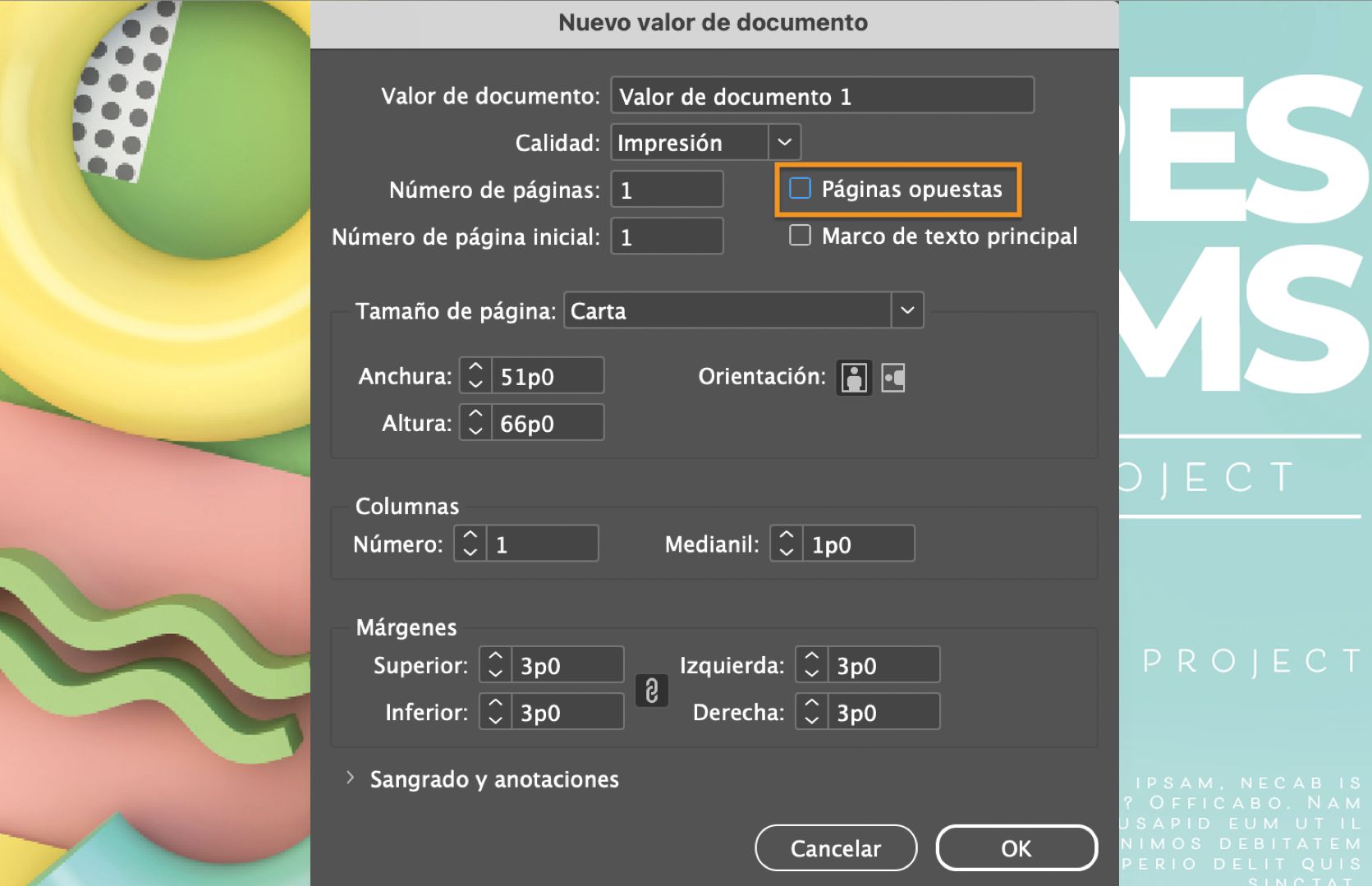 El cuadro de diálogo Nuevo ajuste preestablecido de documento con la casilla de verificación Páginas enfrentadas deseleccionada y resaltada.