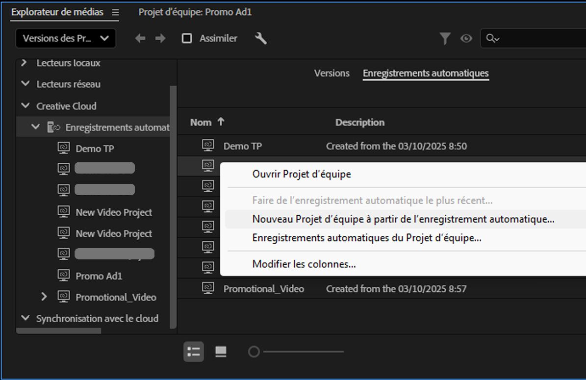 L’option Nouveau Projet d’équipe à partir de l’enregistrement automatique est sélectionnée pour les projets Team Projects existants sélectionnés et un nouveau projet Team Projects est en cours de création.