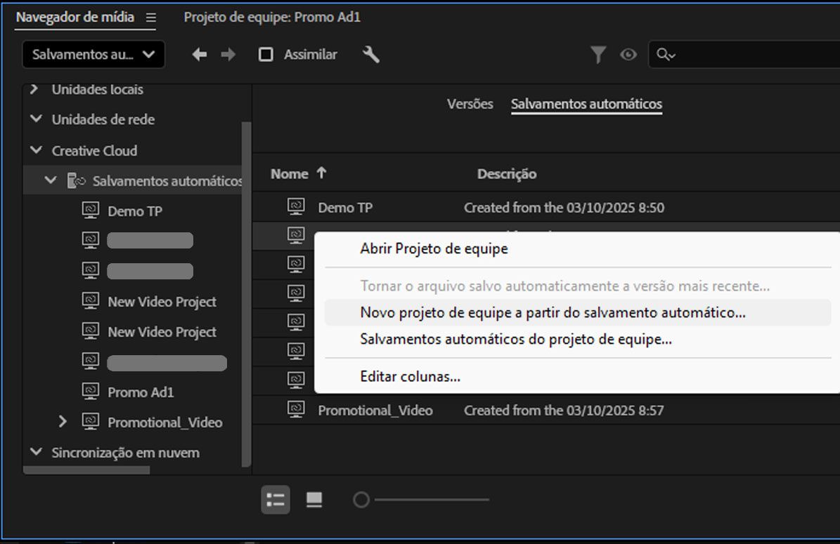 O novo Team Projects a partir do salvamento automático foi selecionado para o Team Projects existente selecionado e um novo Team Projects está sendo criado.